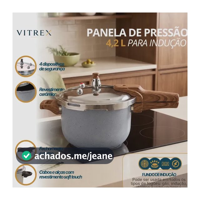 Panela de Pressão Vitrex Ceramic 4.2 L Cinza, com Indução e Antiaderente