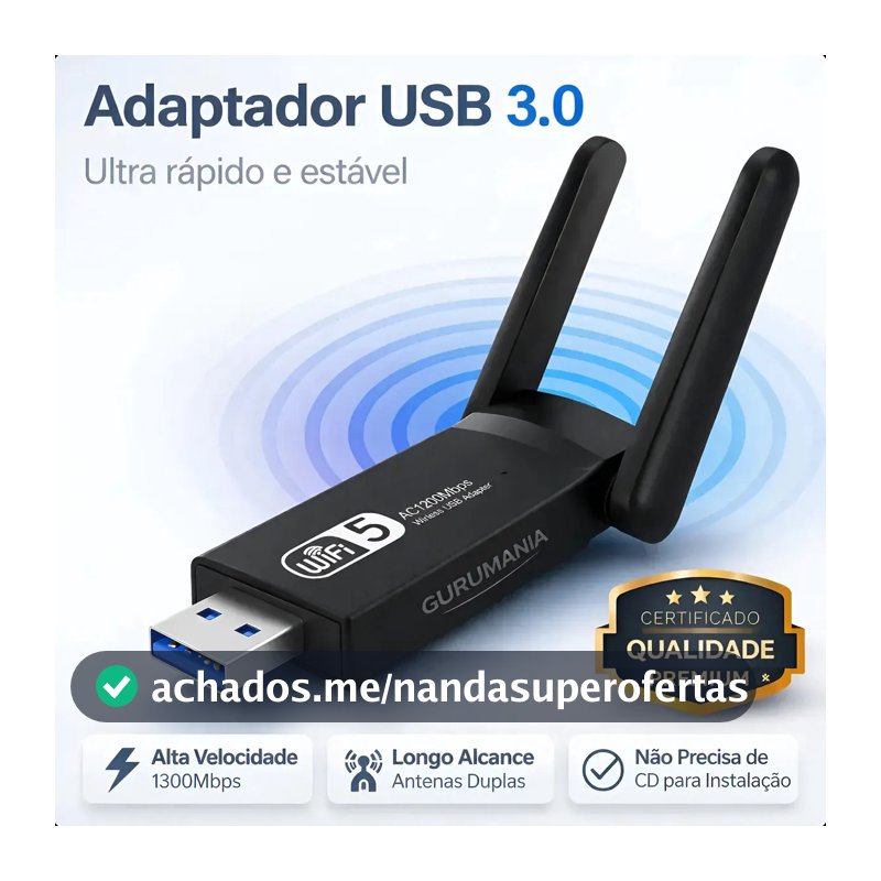 Adaptador Wifi Usb 3.0 Placa De Rede Para Computador Pc Notebook Dual Band 1300Mbps Gigabit 2 Antenas - Gurumania