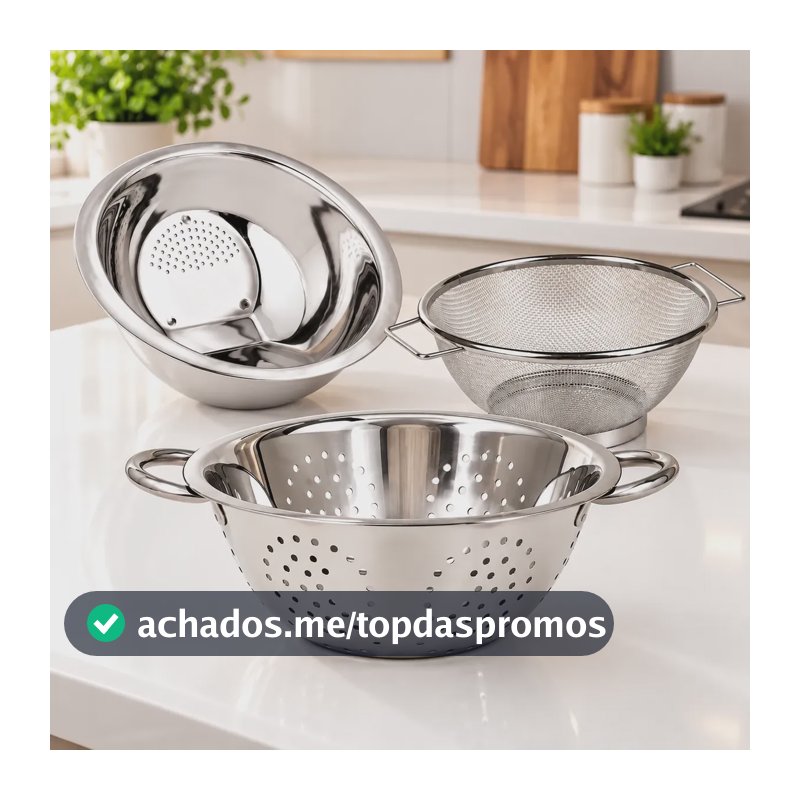 Kit 3 Escorredores Inox Arroz Macarrão Legumes Multiuso Cinza
