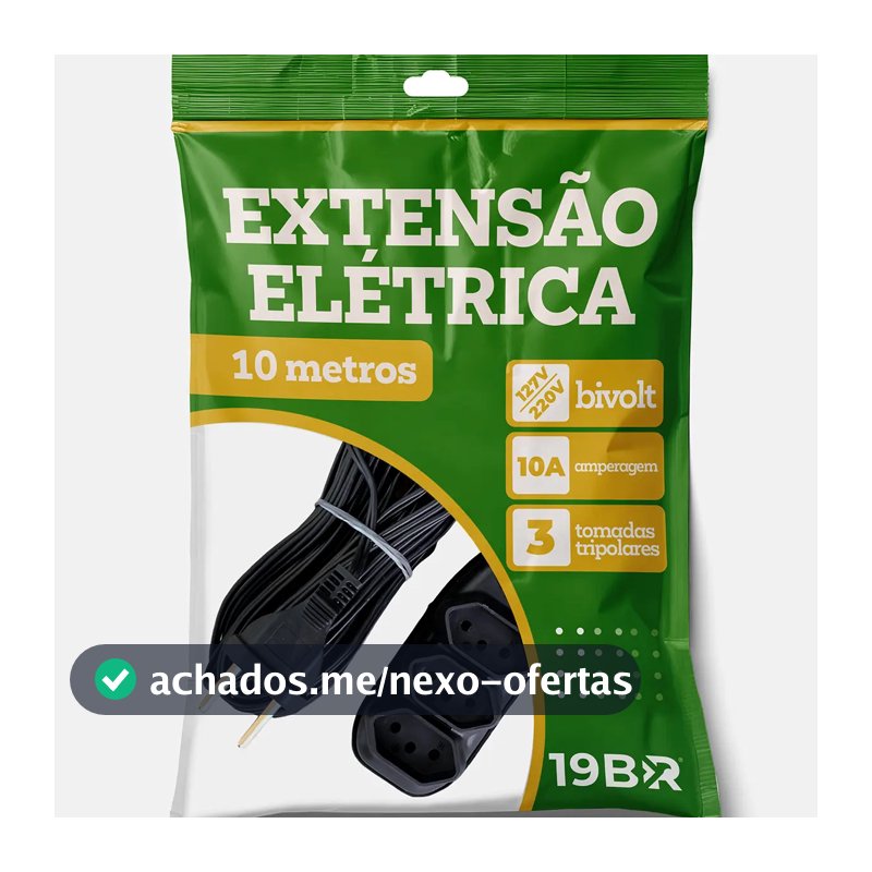 Extensão Elétrica 10 Metros com 3 Tomadas Bivolt Preta Parosflux