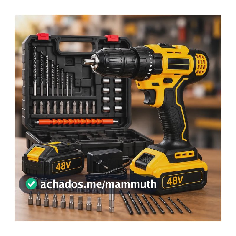 Parafusadeira Furadeira Impacto Sem Fio 2 Baterias 48V Bivolt Maleta Kit Completo Acessórios LED Eixo Flexível Torque Ajustável Velocidade Variável Reversível 10mm Hardline