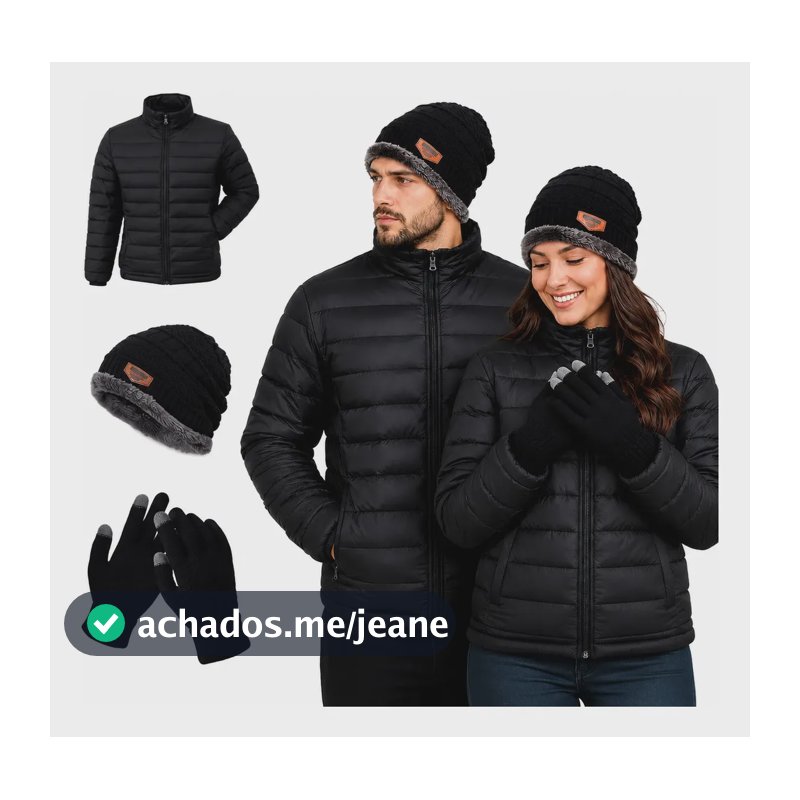 Kit Jaqueta Puffer Frio Intenso Impermeável Jaco Touca  Luva Preto M Liso