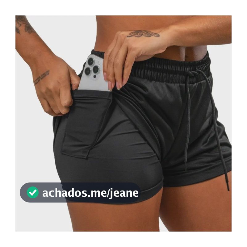 Shorts Duplo Feminino 2 Em 1 Com Bolso Oculto Para Celular Preto Liso G