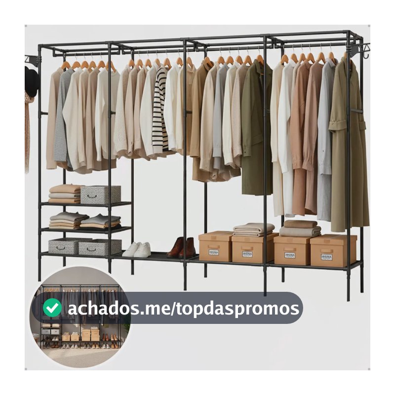 Guarda Roupa Cabideiro Organizador Closet Aberto Desmontavel Arara Divisórias 10 Prateleiras Aço Resistente Preto Irsina