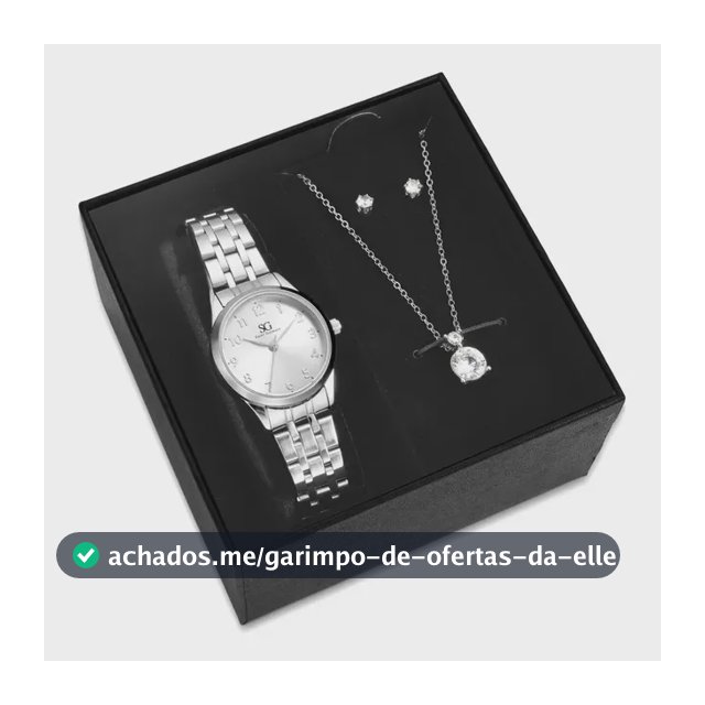Kit Relógio Colar Brincos Prata Feminino Saint Germain 28 Mm Prateado