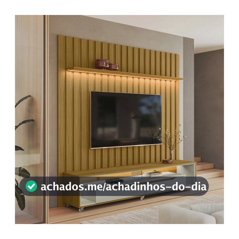 Painel Ripado Led London 177cm E Rack Loop Rodízios Tv 70 Cor Marrom-claro