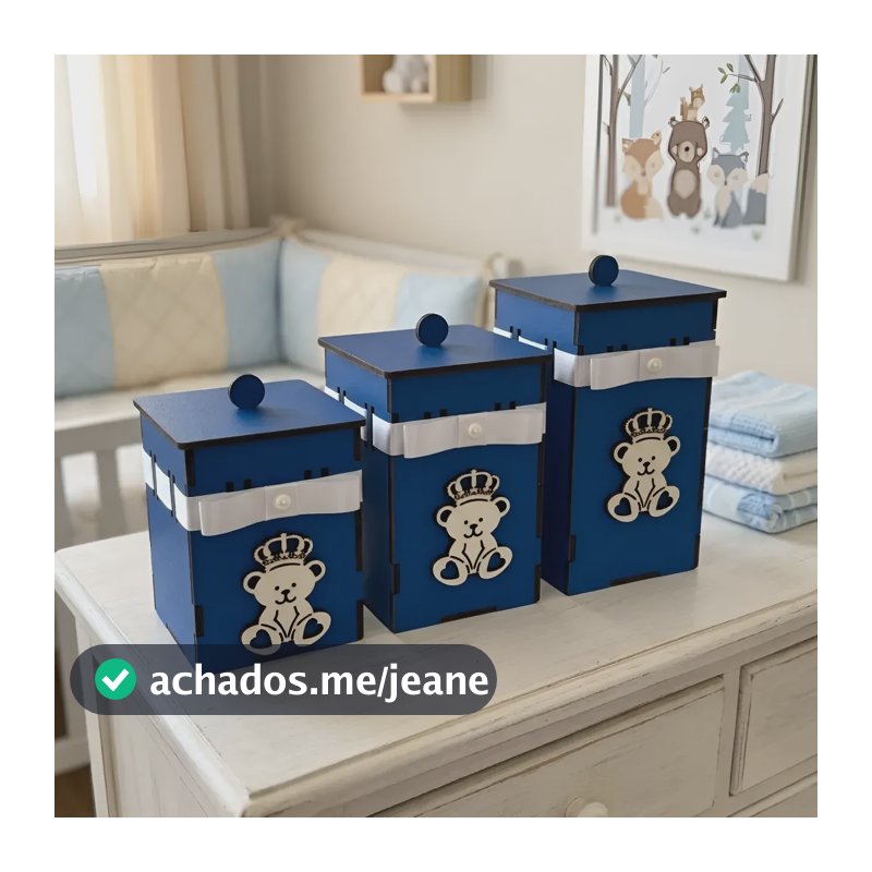 Kit 3 Potes Decorativos Urso Com Fita Quarto Bebê Mdf 3mm Azul Escuro Com Fita Branca