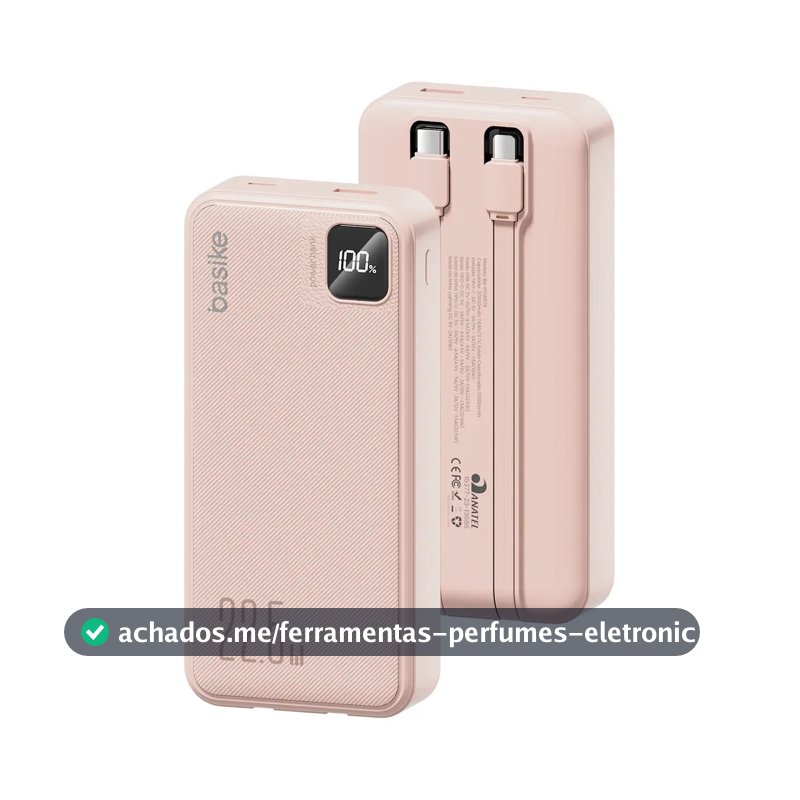 Power Bank Basike 20000mAh Rosa, Carga Rápida 22.5W para iPhone e Samsung, Com Cabos Embutidos e Display