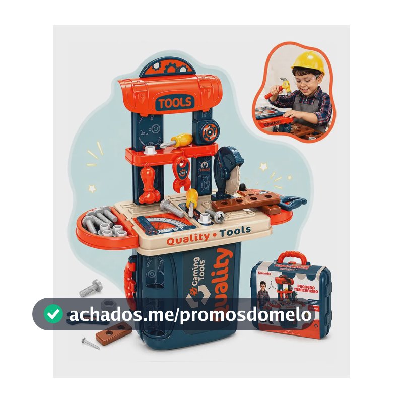 Bancada de Ferramentas Infantil com Kit Ferramentas de Brinquedo Martelo Serrote Esquadro Chave e Parafusos Oficina Faz de Conta Maleta 3 em 1 Brinquedo Educativo Kizumba