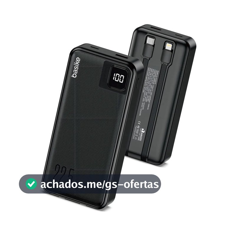 Power Bank Basike 20000mAh Preto, Carga Rápida 22.5W para iPhone e Samsung, Com Cabos Embutidos e Display