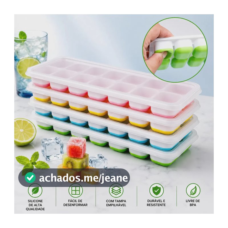 Kit 4 Formas de Gelo Rezzet com Tampa e Fundo Flexível em Silicone