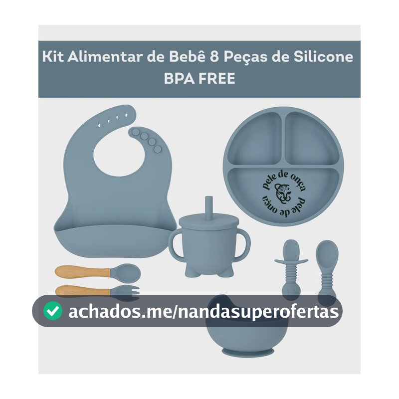 Kit Alimentar Bebê 8 Un Copo Prato Babador Silicone Bpa Free Cor Azul