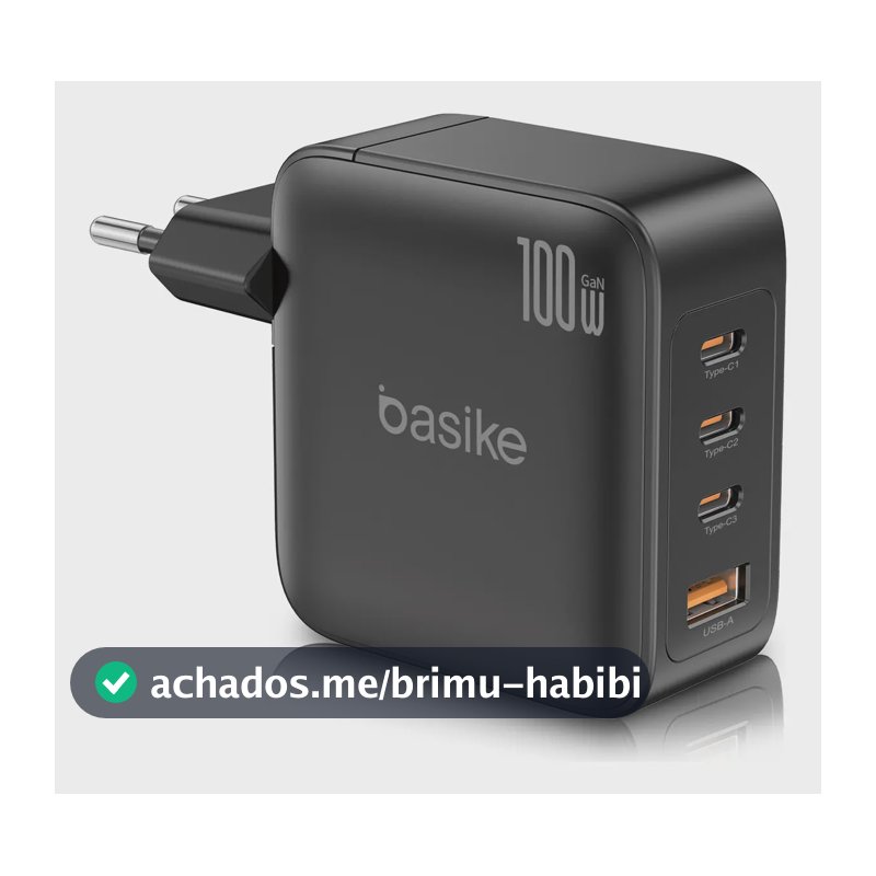 Carregador Basike GaN de Parede 100W, com 3 USB-C e 1 USB-A, para MacBook, iPhone e Samsung