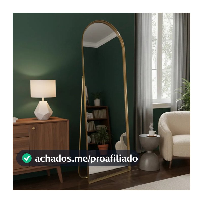 Espelho De Chão Base Reta Corpo Inteiro Com Moldura E Suporte Dourado 146x36cm