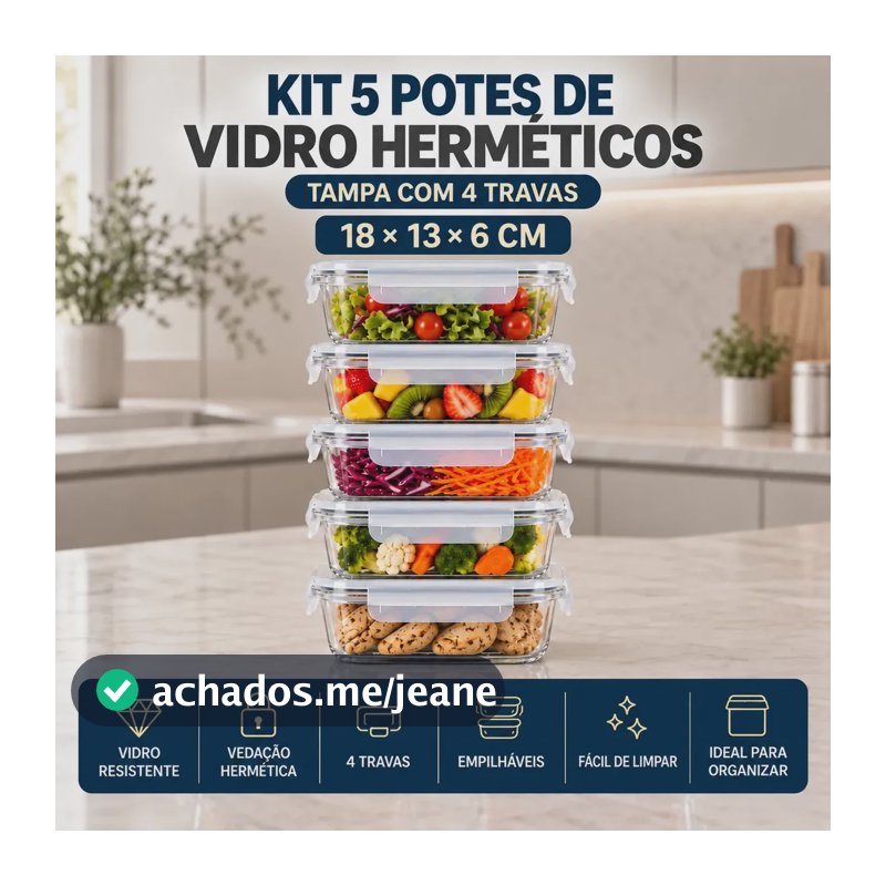 Kit 5 Potes Herméticos Super Vedação Vidro 650ml Marmita Forno Micro-ondas Airfryer Com Travas Vedação Potente Qualidade Premium Marca Popsy