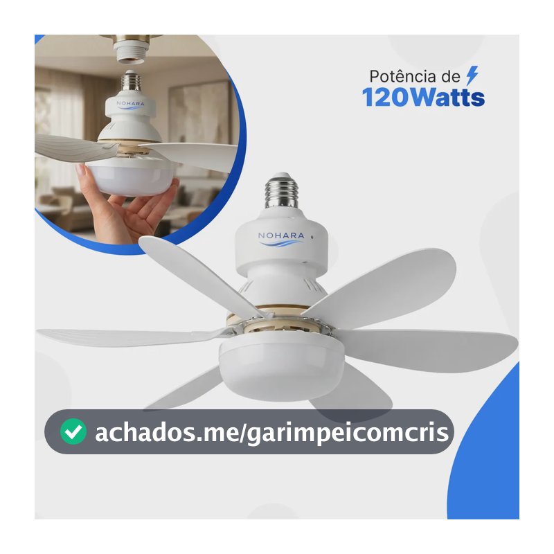 Ventlador de Teto 120W Silencioso Forte com LED, Controle e 6 Pás