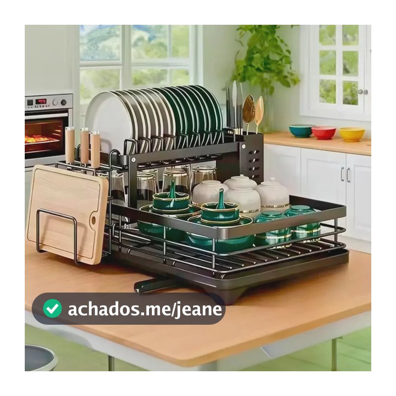 Escorredor de Louça Inox Preto com 2 Andares para Bancada e Porta-Talheres
