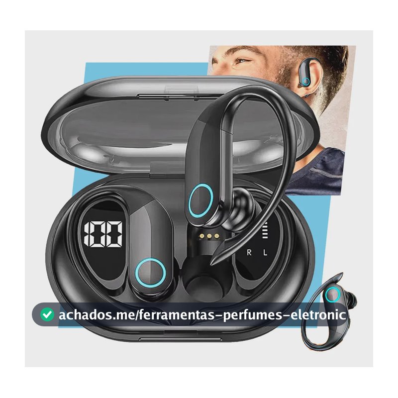 Fone de Ouvido Bluetooth TWS Esportivo com Gancho para Academia e Corrida