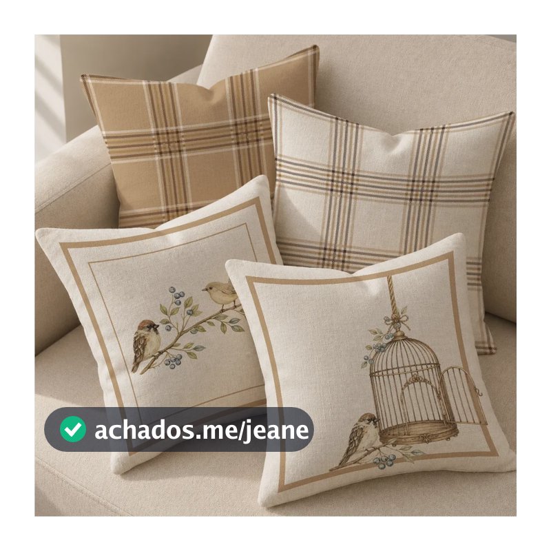 Kit 4 Capas Almofada Decorativas Sofá Xadrez Pássaros 43x43 Caramelo/bege Xadrez E Pássaros