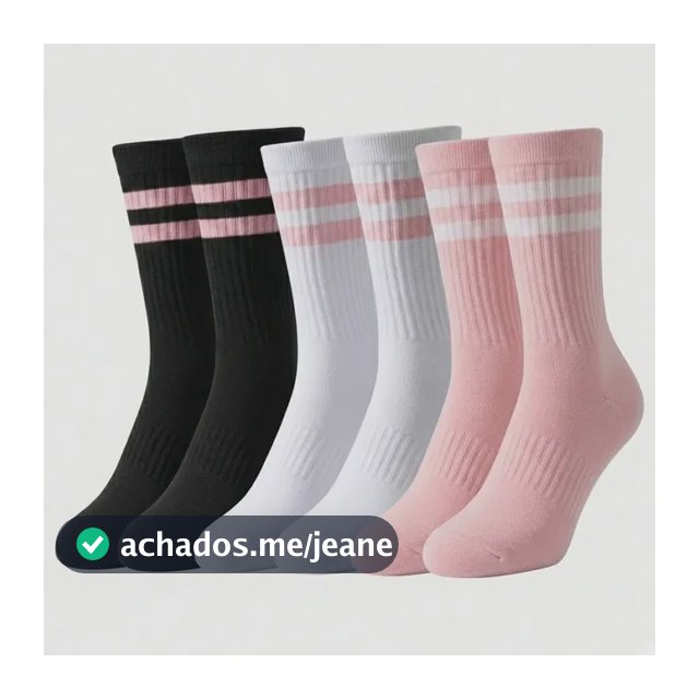 Kit 3 Meias Cano Alto Listrada 100% Algodão Confortável Preto-rosa/branco-rosa/rosa  Listras 3 Pares