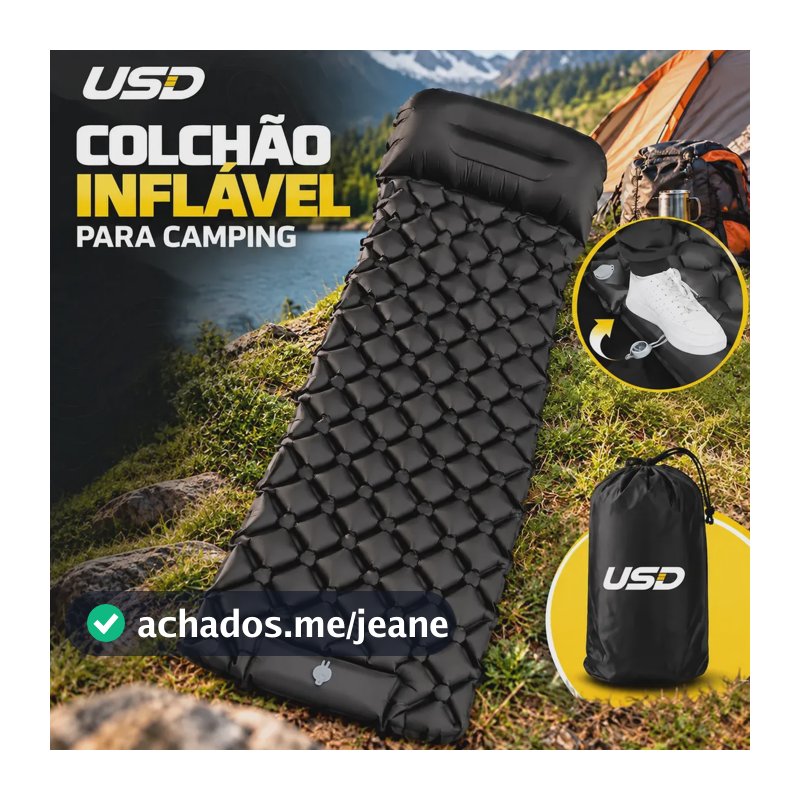 Colchão Inflável Portátil Automático Camping Pesca Trilha Com travesseiro Embutido 190x60cm Cor Preto Marca USD