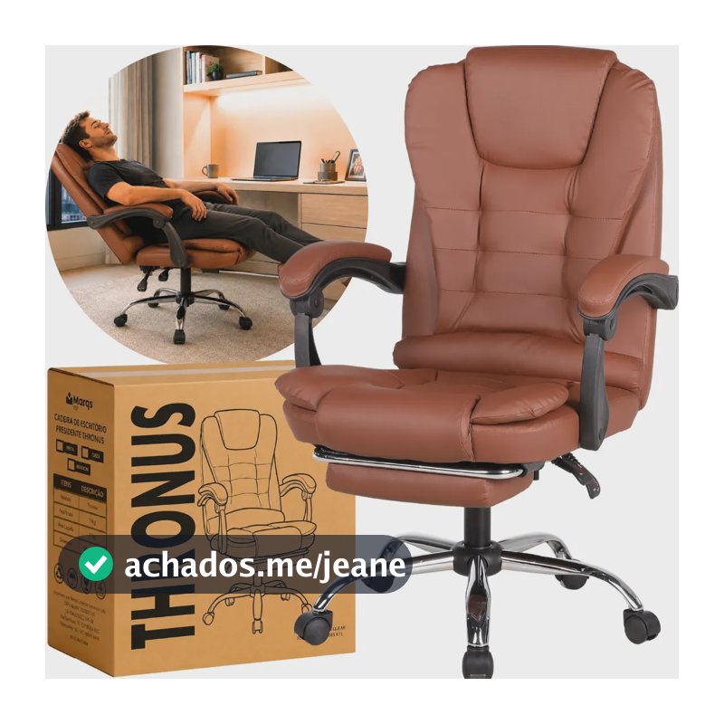Cadeira Presidente Marqs Home Thronus Ergonômica de Couro Sintético Marrom com Apoio de Pés Reclinável