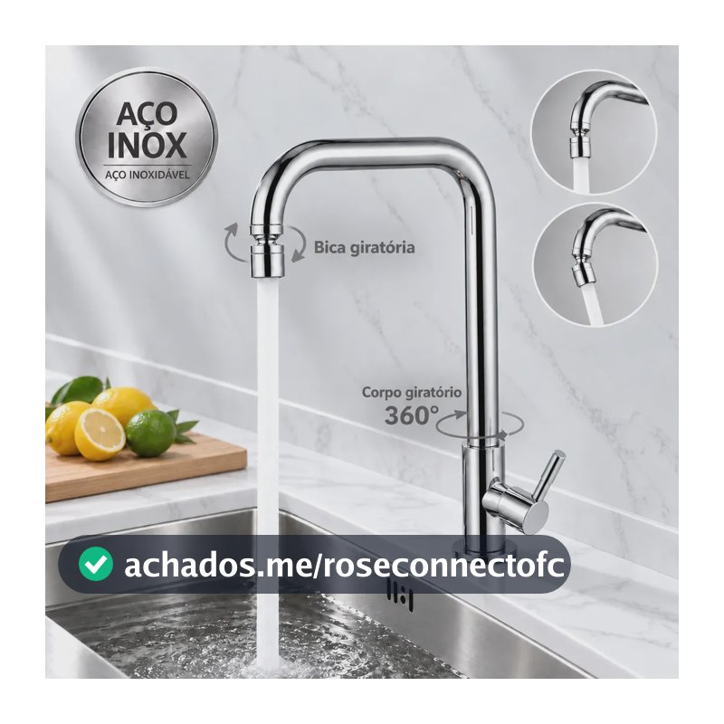 Torneira Cozinha Inox Cromada Água Fria Bica Alta Giratória Corpo Giratório com Arejador