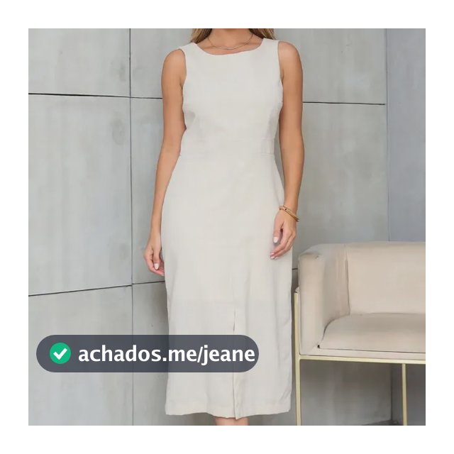 Vestido Midi De Linho Com Fenda E Forro Interno