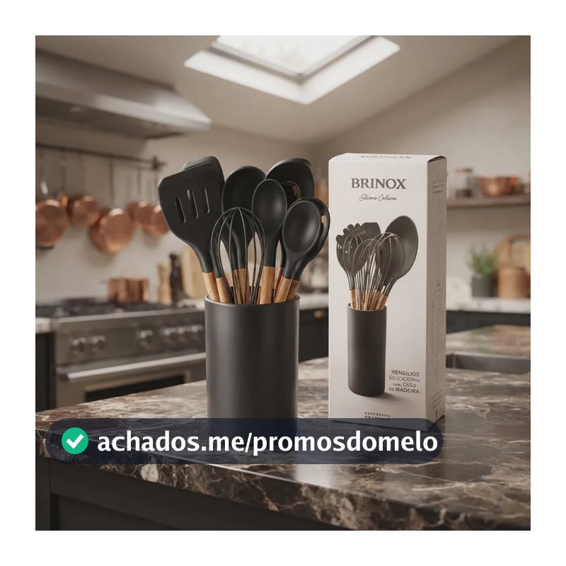 Kit 12 Peças Brinox Silicone Com Cabo De Madeira Verde Claro Preto