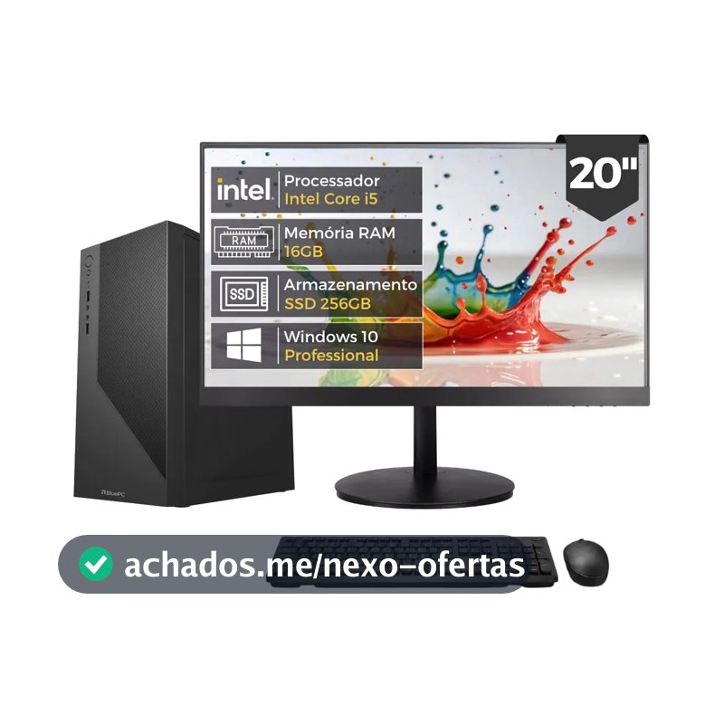 Computador Completo Intel Core i5 4570 (4ª Geração), 16GB RAM, SSD 256GB, Monitor 20" 75Hz HDMI, Windows 10 Pro, Preto, Bivolt - BluePC Office CDF-099OF