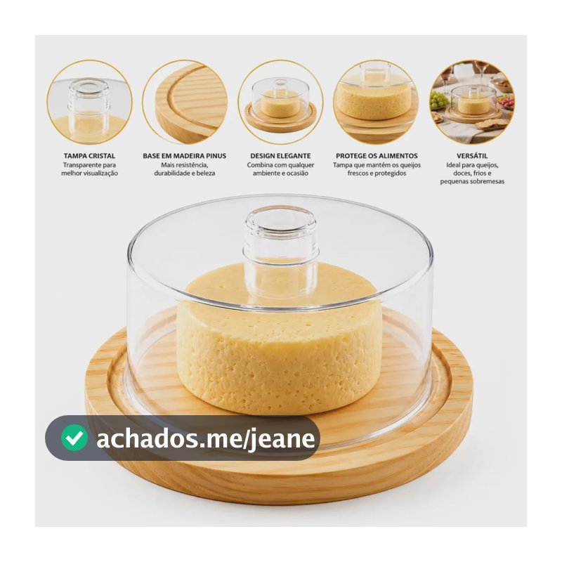 Porta Queijo Queijeira Cristal Linha ECO Premium Base de Madeira
