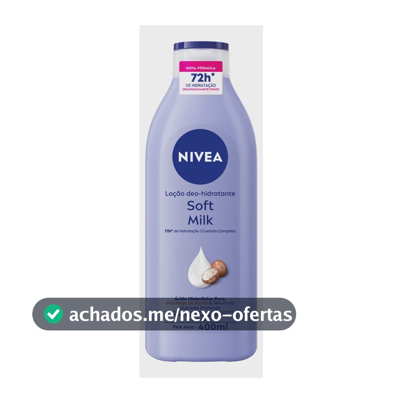 NIVEA Loção Deo-Hidratante Soft Milk 400ml, Hidratação Profunda 72h, Hialurônico Puro, Corporal, Pele Seca