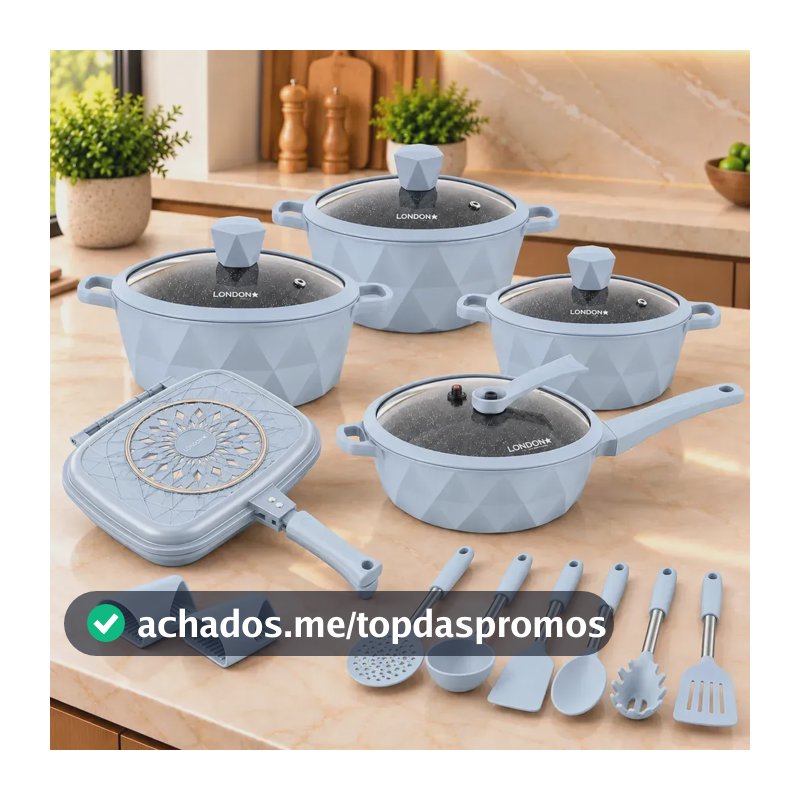 Jogo Kit De Panelas London 17 Peças Cerâmica Antiaderente 10 Camadas Alumínio Fundido Indução Gás Elétrico Semipressão Com Válvula Grill Dupla 32cm Frigideira Caçarolas Tampas Vidro Utensílios