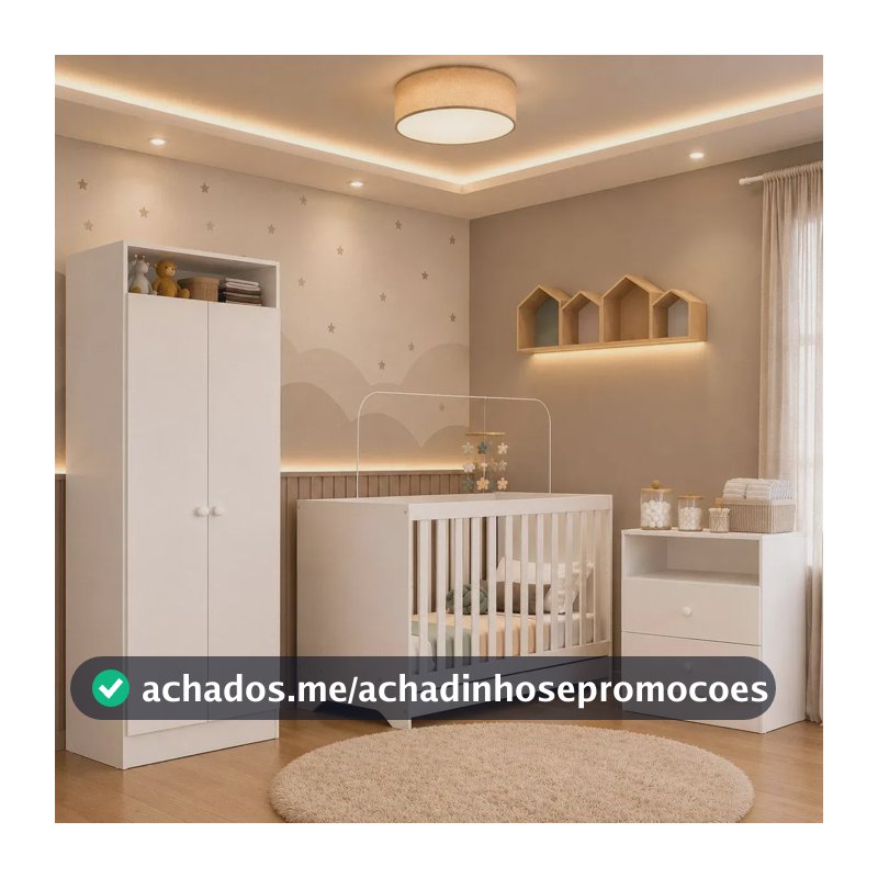 Quarto de Bebê Completo Berço 3 em 1 com Colchão/Guarda-roupa e Cômoda Encanto Multimóveis MP4846 Branco