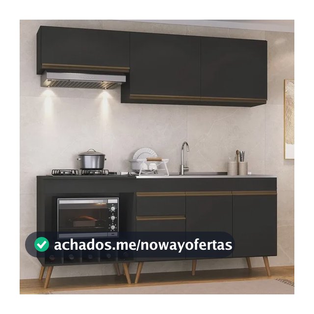 Armário Cozinha Modulada Compacta c/ Gabinete p/ Pia e Balcão p/ Cooktop Veneza Multimóveis MP3775 Preto/Dourado