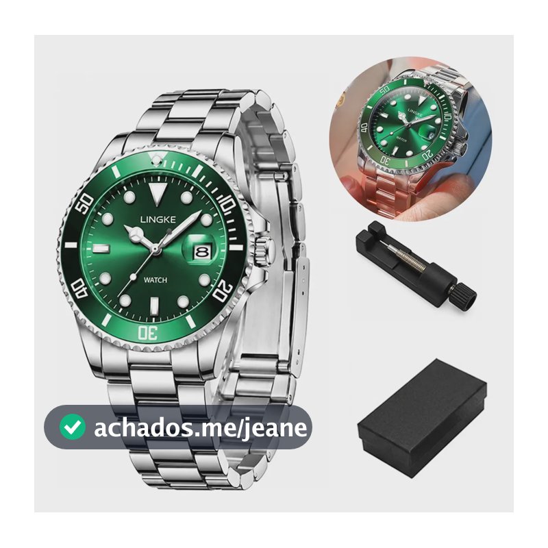 Relógio Masculino Lingke Aço Inoxidável Resistente À Água Prateado Verde