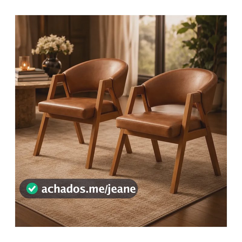 Kit 2 Cadeira Chloe Estilo Poltrona Estofada Madeira Maciça Courino Caramelo Marrom