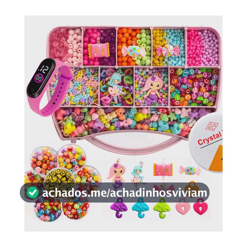 Kit Miçangas Infantil 3500 Pçs para Montar Pulseiras Bolinhas Maleta 19X13 cm 1 relógio digital Anita Bijuterias