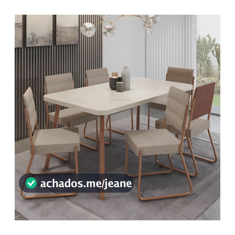 Conjunto Sala de Jantar Almería Carraro com Mesa Retangular e 6 Cadeiras Estofadas