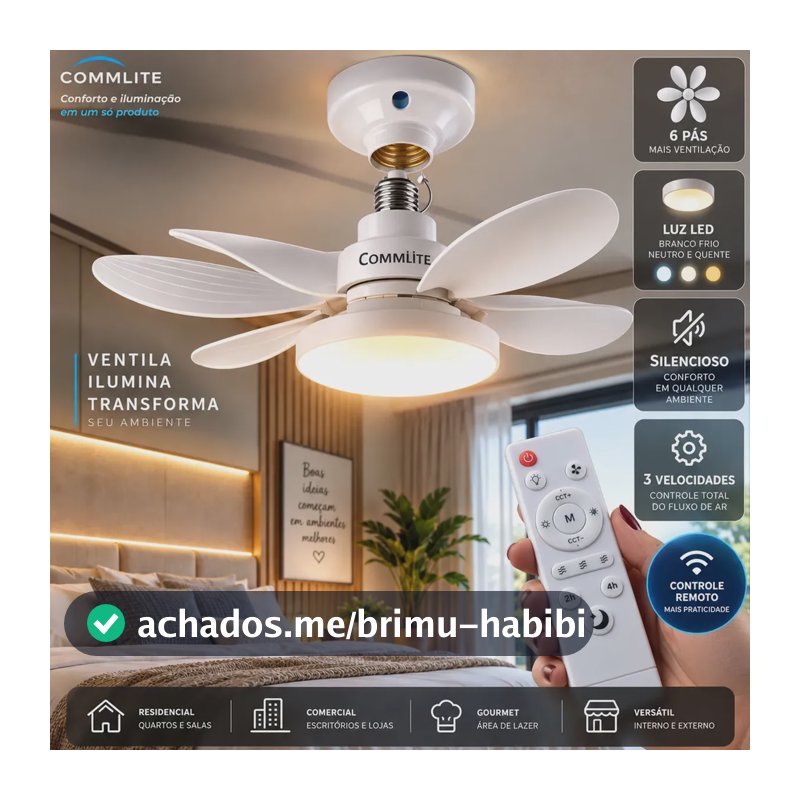 Ventilador de Teto 60W Silencioso Lâmpada Forte com LED, Controle e 6 Pás Soquete E27 Para Residencial Comercial Interno Externo Quarto Sala Cozinha Escritório Gourmet Apartamento Casa - Commlite