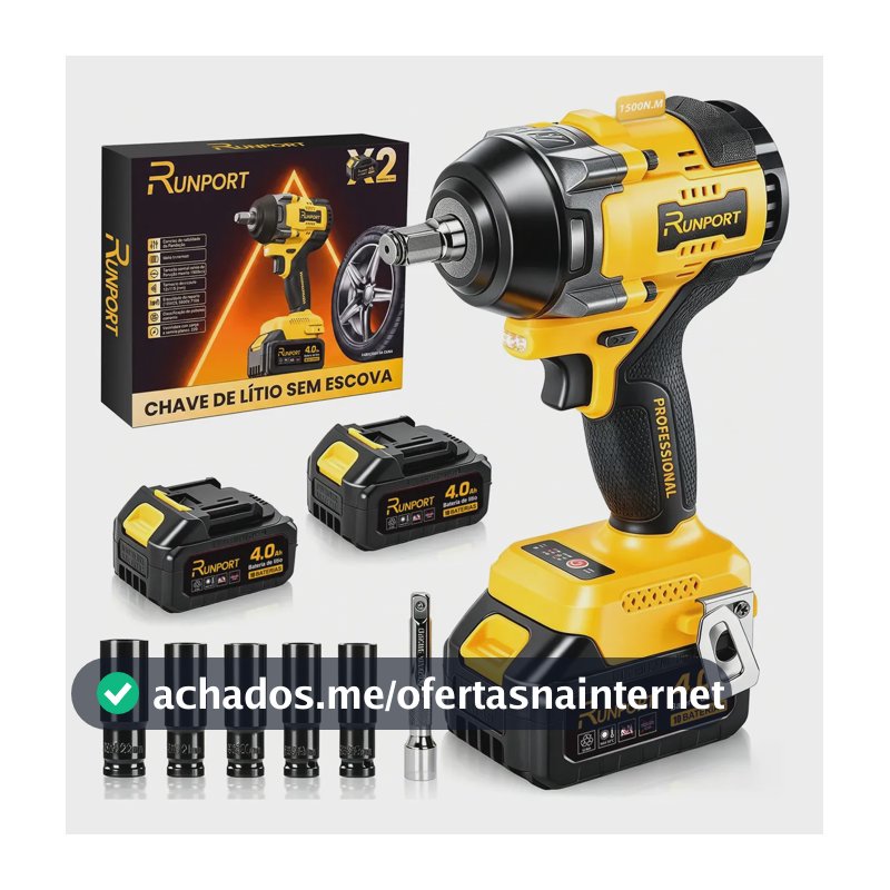 Chave de Impacto Brushless 1500N.m 1/2'' Runport Amarelo 21V 4.0Ah Kit 2 Baterias Lítio Parafusadeira Profissional para Mecânica e Obra
