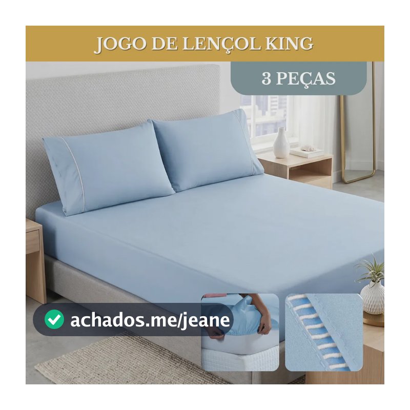 Kit Jogo De Lençol Cama King 03 Peças 400 Fios Percal C/ Elástico Luxo Ponto Palito Cor Azul Claro