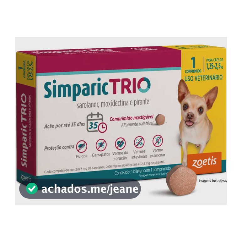 Simparic Trio 3mg Para Cães 1,25 A 2,5kg 1 Cp Zoetis Branco