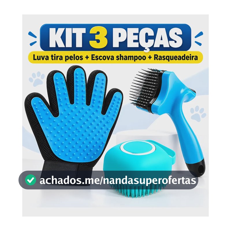 Kit Luva + Lava Pelos Escova + Dispenser Banho Shampoo Pet Aleatório