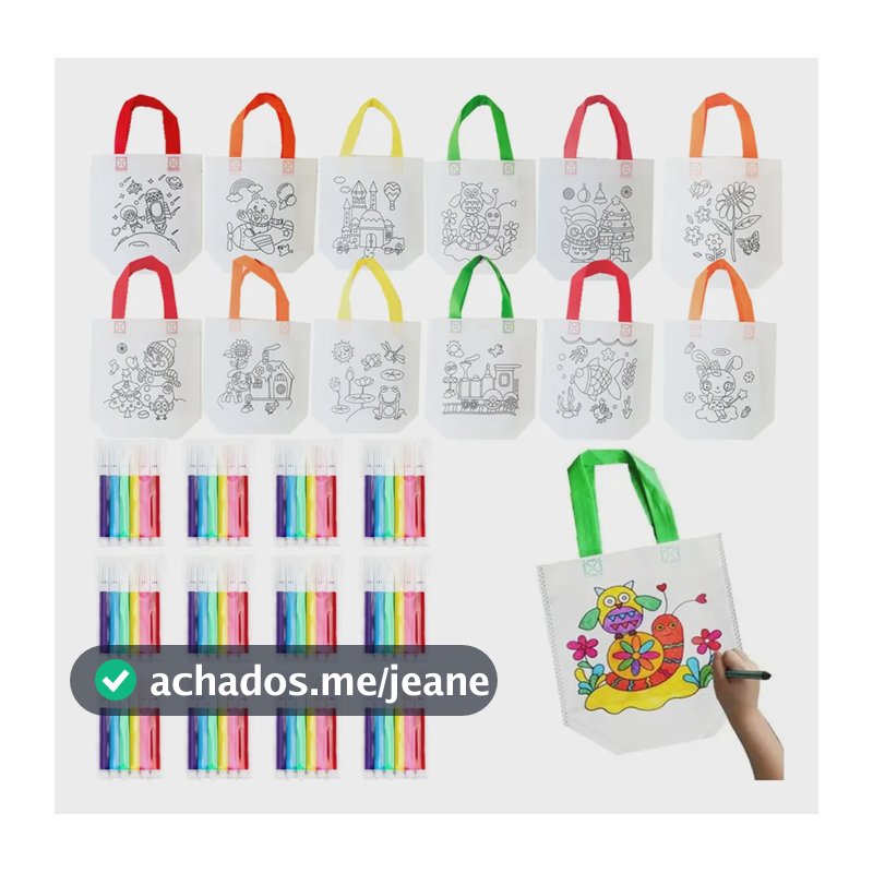 Kit 12 Sacolinhas + 72 Canetinhas Lembrancinha Aniversário Branco Com Alças Coloridas (cores Variadas) Desenhos Para Colorir / Ilustrações Infantis