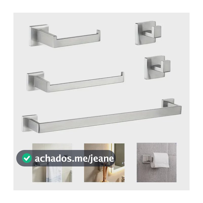Kit 5 Pcs Inox Banheiro Acessório Luxo Prata Fosco Quadrado