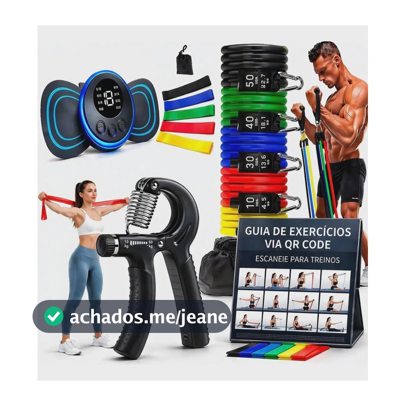 Kit 20 itens: Elásticos Extensores + 1 Hand grip + 5 Mini bands+ 1 Massageador + 1 Thera Band + Guia de Exercícios - Pilates - Academia- Treino em Casa - Reativo Sport e Fitness