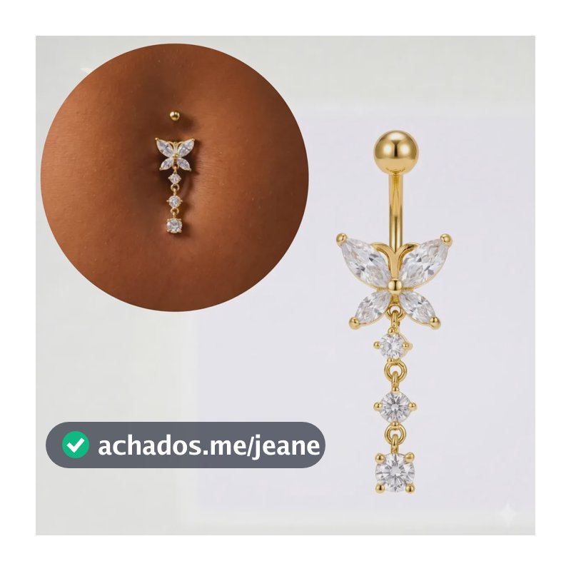 Piercing Umbigo Borboleta Cravejada Zircônia Aço Cirúrgico Dourado
