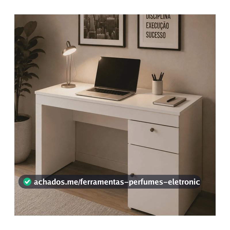 Escrivaninha Para Computador 108 Cm Com Porta E Gaveta Mesa Home Office Escritório Quarto Estudo Notebook Moderna Canela Off White