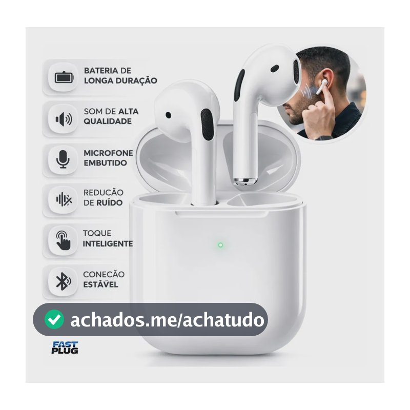 Fone De Ouvido Bluetooth Bateria de Longa Duração Pro 4 Branco Conecta Rápido Fast Plug Com Case Carregador E Microfone